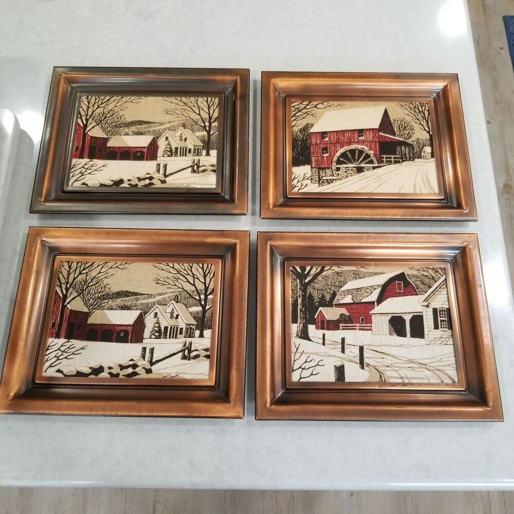 CopperCraft Guild Hand Painted By Kay Dee Linen Winter Scenes vintage 70's